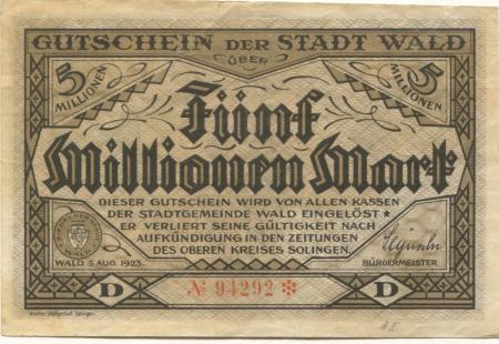 Wald (heute: Solingen) - Stadt - 5.8.1923 - 5 Millionen Mark 