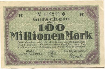 Wald (heute: Solingen) - Stadt - 25.9.1923 - 100 Millionen Mark 