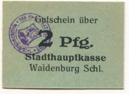 Waldenburg (heute: PL-Walbrzych) - Stadt(hauptkasse) - -- - 2 Pfennig 