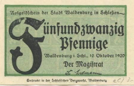 Waldenburg (heute: PL-Walbrzych) - Stadt - 10.10.1920 - 25 Pfennig 