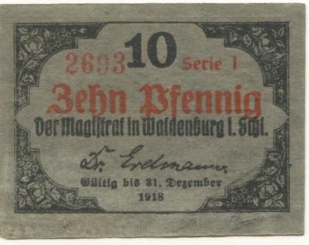 Waldenburg (heute: PL-Walbrzych) - Stadt - - 31.12.1918 - 10 Pfennig 
