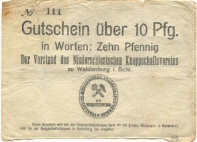 Waldenburg (heute: PL-Walbrzych) - Niederschlesischer Knappschaftsverein - -- - 10 Pfennig 