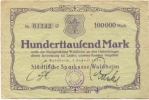 Waldheim - Städtische Sparkasse - 1.8.1923 - 100000 Mark 