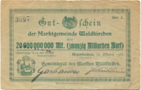 Waldkirchen - Marktgemeinde - 25.10.1923 - 20 Milliarden Mark 
