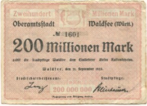 Waldsee (Bad) - Oberamtsstadt - 21.9.1923 - 200 Millionen Mark 