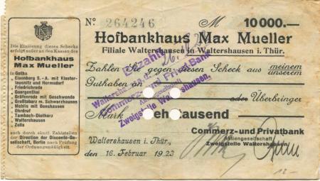 Waltershausen - Commerz- und Privat-Bank AG, Zweigstelle Waltershausen - 16.2.1923  - 10000 Mark 