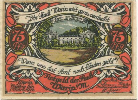 Warin - Stadt - - 1.3.1922 - 75 Pfennig 