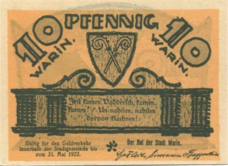 Warin - Stadt - - 31.5.1922 - 25 Pfennig 