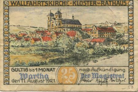 Wartha (heute: PL-Bardo) - Stadt - 11.8.1921 - 25 Pfennig 