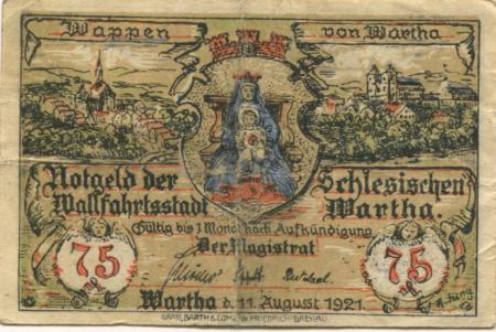 Wartha (heute: PL-Bardo) - Stadt - 11.8.1921 - 75 Pfennig 