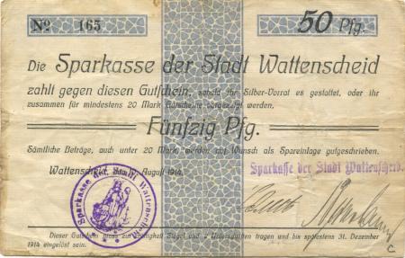 Wattenscheid (heute: Bochum) - Sparkasse der Stadt - 10.8.1914 - 31.12.1914 - 50 Pfennig 
