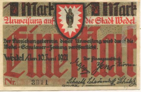 Wedel - Stadt - 10.6.1921 - 1 Mark 