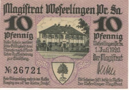 Weferlingen (heute: Oebisfelde) - Stadt - 1.7.1920 - 10 Pfennig 