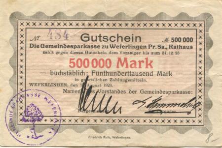 Weferlingen (heute: Oebisfelde) - Gemeindesparkasse - 15.8.1923 - 31.12.1923 - 500000 Mark 