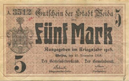 Weida - Stadt - 4.11.1918 - 1.2.1919 - 5 Mark 