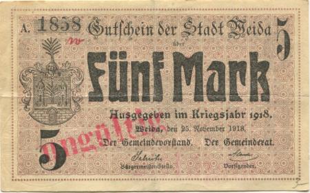 Weida - Stadt - 4.11.1918 - 1.2.1919 - 5 Mark 