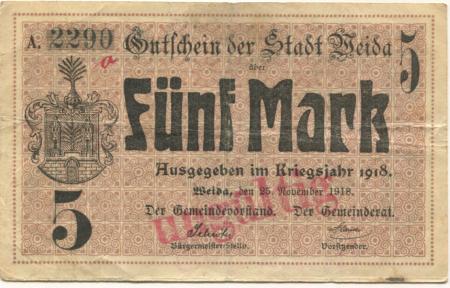 Weida - Stadt - 4.11.1918 - 1.2.1919 - 5 Mark 