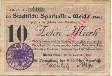 Weida - Städtische Sparkasse - 22.11.1918 - 28.2.1919 - 10 Mark 