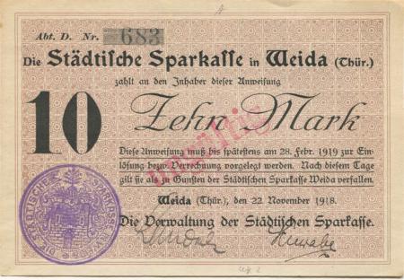 Weida - Städtische Sparkasse - 22.11.1918 - 28.2.1919 - 10 Mark 