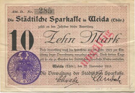 Weida - Städtische Sparkasse - 22.11.1918 - 28.2.1919 - 10 Mark 
