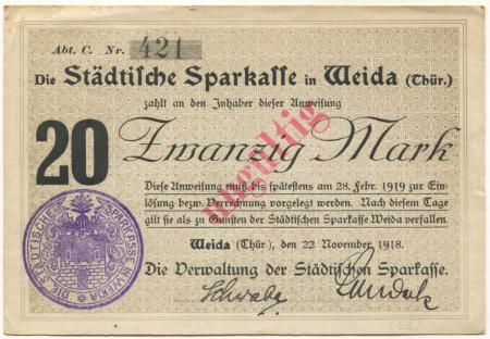 Weida - Städtische Sparkasse - 22.11.1918 - 28.2.1919 - 20 Mark 