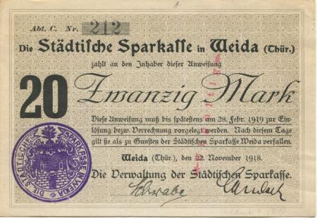Weida - Städtische Sparkasse - 22.11.1918 - 28.2.1919 - 20 Mark 