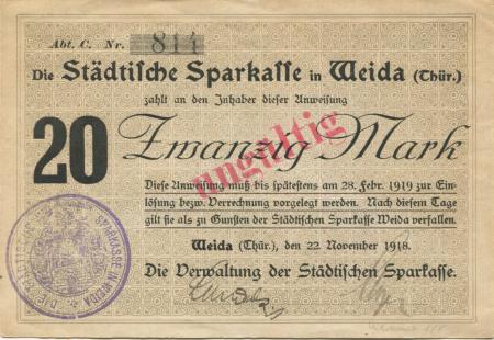 Weida - Städtische Sparkasse - 22.11.1918 - 28.2.1919 - 20 Mark 