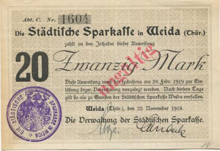 Weida - Städtische Sparkasse - 22.11.1918 - 28.2.1919 - 20 Mark 