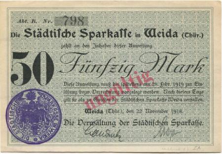 Weida - Städtische Sparkasse - 22.11.1918 - 28.2.1919 - 50 Mark 