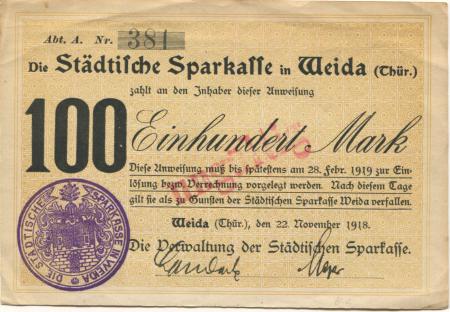 Weida - Städtische Sparkasse - 22.11.1918 - 28.2.1919 - 100 Mark 