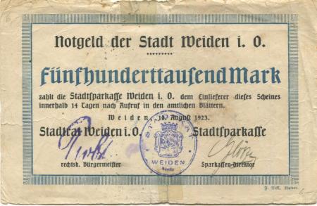 Weiden - Stadt und Stadtsparkasse - 10.8.1923 - 500000 Mark 