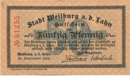 Weilburg - Stadt - 21.9.1919 - 50 Pfennig 