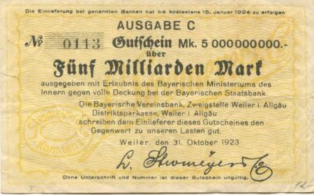 Weiler - Stromeyer, L., & Co, Segeltuchfabrik - 31.10.1923 - 5 Milliarden Mark 