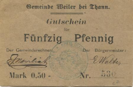 Weiler (heute: F-Willer sur Thur) - Gemeinde - -- - 50 Pfennig 