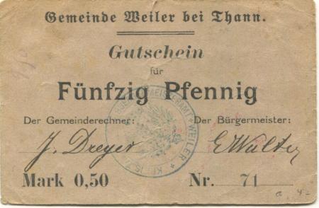 Weiler (heute: F-Willer sur Thur) - Gemeinde - -- - 50 Pfennig 