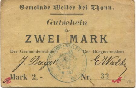Weiler (heute: F-Willer sur Thur) - Gemeinde - -- - 1 Mark 