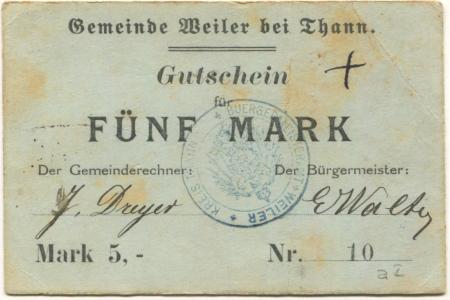Weiler (heute: F-Willer sur Thur) - Gemeinde - -- - 5 Mark 
