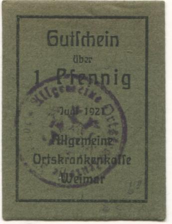 Weimar - Allgemeine Ortskrankenkasse - Juni 1921 - 1 Pfennig 