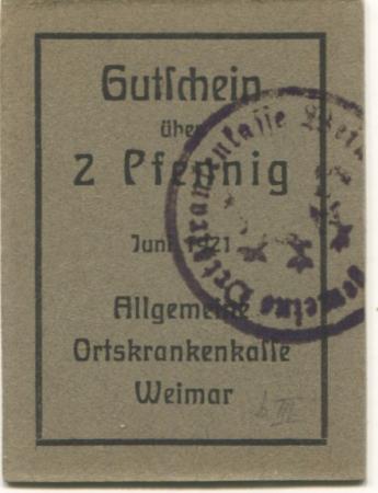 Weimar - Allgemeine Ortskrankenkasse - Juni 1921 - 2 Pfennig 