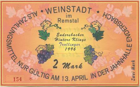 Weinstadt-Endersbach - Württembergischer Philatelistenverein, Sammlergruppe Weinstadt, Treffen Jahnhalle - 13.4.1996 - 2 DM 