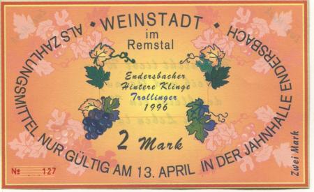 Weinstadt-Endersbach - Württembergischer Philatelistenverein, Sammlergruppe Weinstadt, Treffen Jahnhalle - 13.4.1996 - 2 DM 