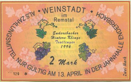 Weinstadt-Endersbach - Württembergischer Philatelistenverein, Sammlergruppe Weinstadt, Treffen Jahnhalle - 13.4.1996 - 2 DM 