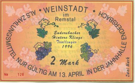 Weinstadt-Endersbach - Württembergischer Philatelistenverein, Sammlergruppe Weinstadt, Treffen Jahnhalle - 13.4.1996 - 2 DM 