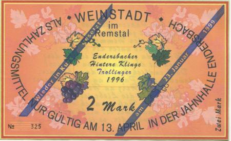Weinstadt-Endersbach - Württembergischer Philatelistenverein, Sammlergruppe Weinstadt, Treffen Jahnhalle - 23.1.1999 - 2 DM 