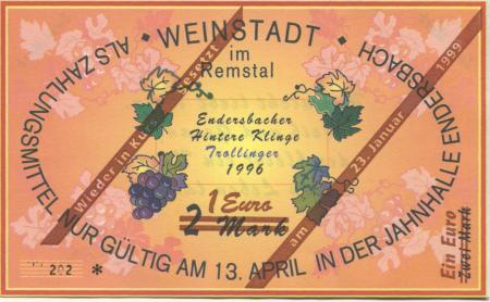 Weinstadt-Endersbach - Württembergischer Philatelistenverein, Sammlergruppe Weinstadt, Treffen Jahnhalle - 23.1.1999 - 1 Euro 