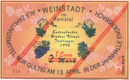 Weinstadt-Endersbach - Württembergischer Philatelistenverein, Sammlergruppe Weinstadt, Treffen Jahnhalle - 23.1.1999 - 1 Euro 