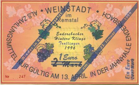 Weinstadt-Endersbach - Württembergischer Philatelistenverein, Sammlergruppe Weinstadt, Treffen Jahnhalle - 23.1.1999 - 1 Euro 