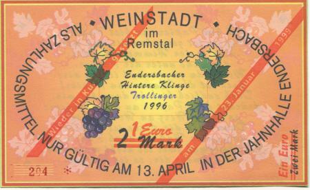 Weinstadt-Endersbach - Württembergischer Philatelistenverein, Sammlergruppe Weinstadt, Treffen Jahnhalle - 23.1.1999 - 1 Euro 