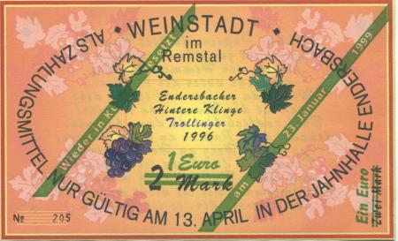 Weinstadt-Endersbach - Württembergischer Philatelistenverein, Sammlergruppe Weinstadt, Treffen Jahnhalle - 23.1.1999 - 1 Euro 