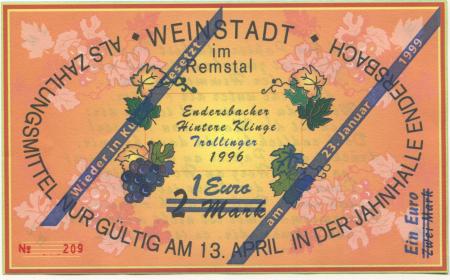 Weinstadt-Endersbach - Württembergischer Philatelistenverein, Sammlergruppe Weinstadt, Treffen Jahnhalle - 23.1.1999 - 1 Euro 